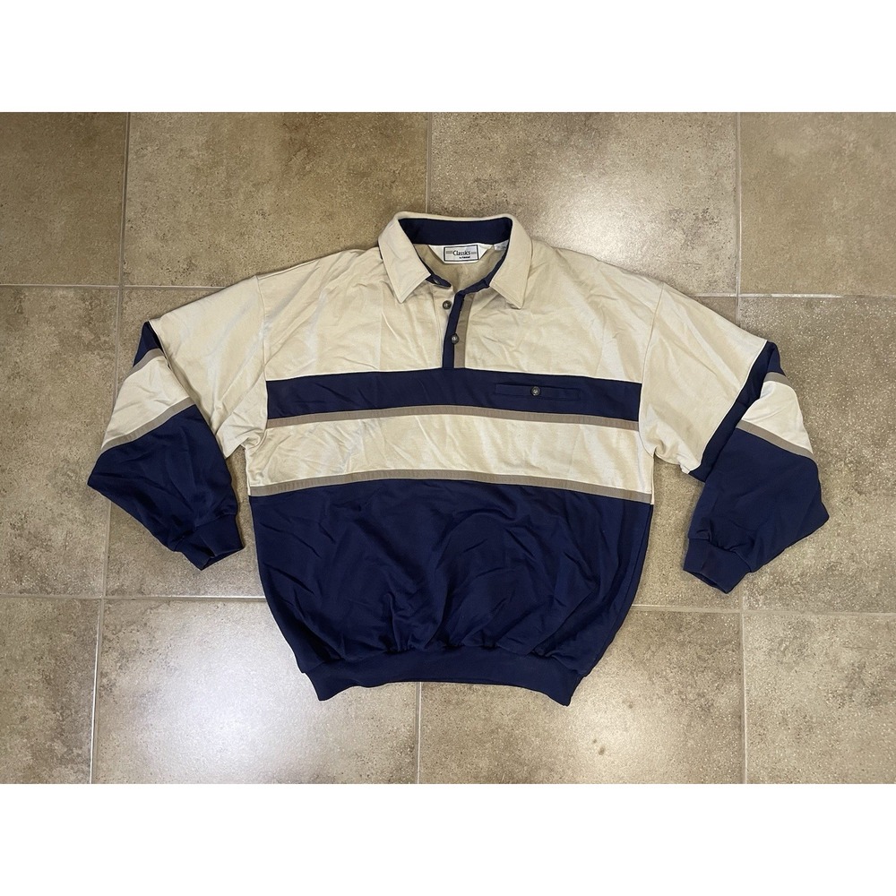 90's Classics by Palmland Mens Sz L Colorblock Polo Long Sleeve Tan Gray Dadcore